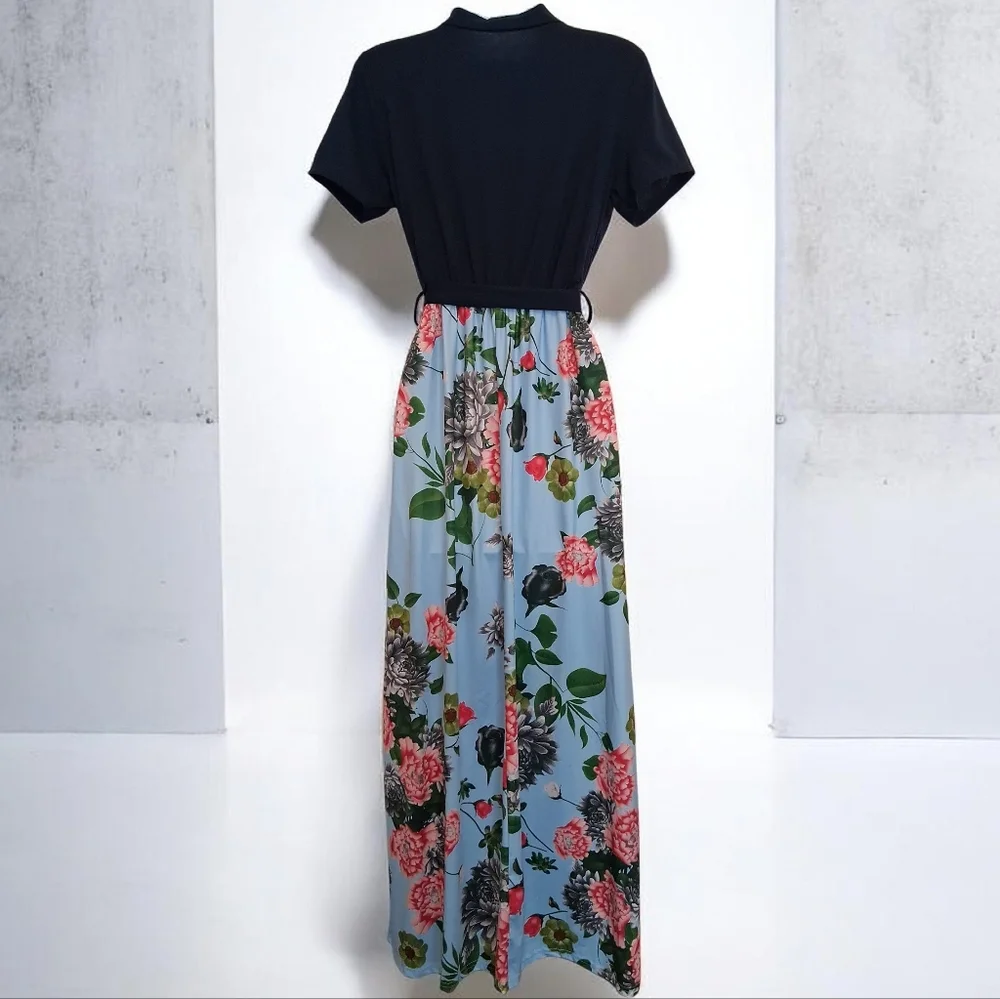 Elegant Navy Blue and Pink Floral Elastic Waist Tall Maxi Dress. - Picture 2 of 7